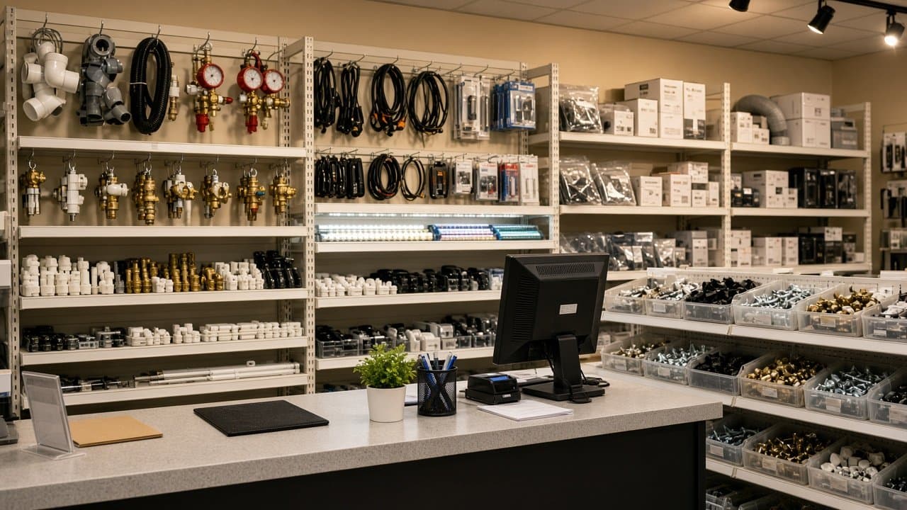 RV parts counter and shelves with fittings and accessories
