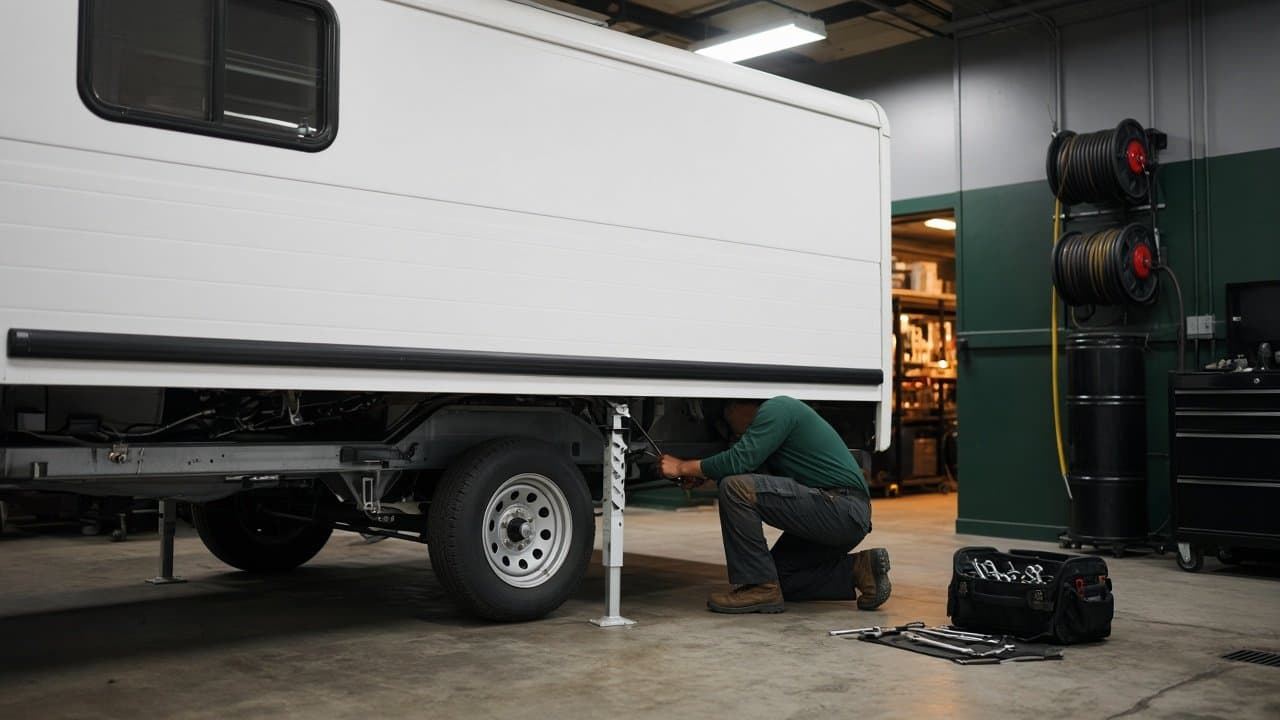 Technician working under a travel trailer in the RV service bay